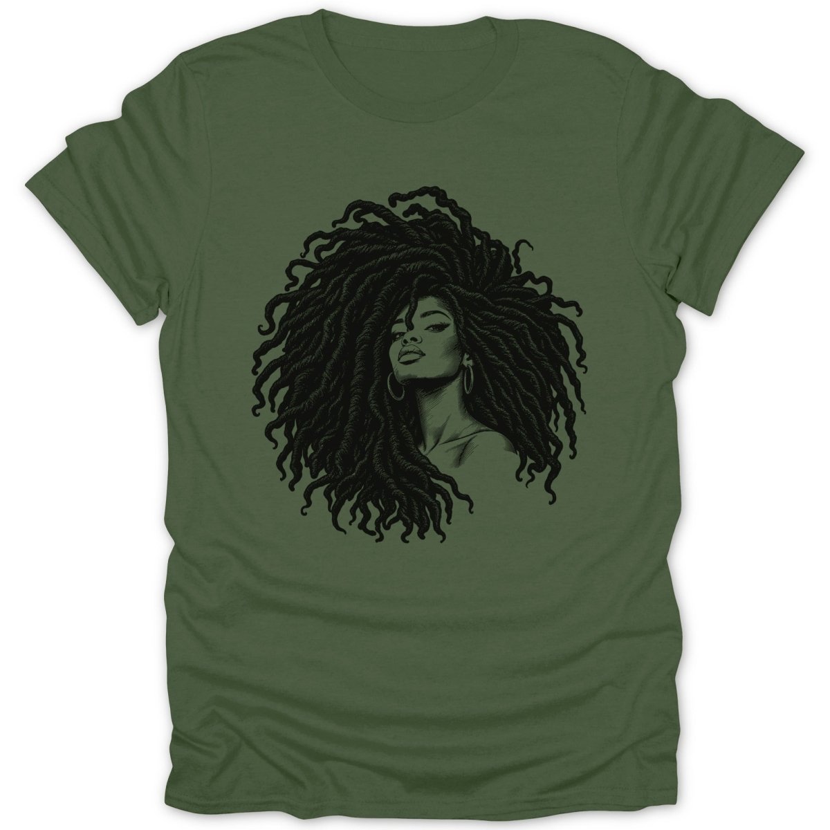 Green t-shirt with a black graphic of a woman with large dreadlocks.