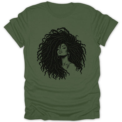Green t-shirt with a black graphic of a woman with large dreadlocks.