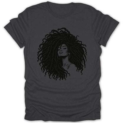 Black and white illustration of a woman with large dreadlocks on a dark gray t-shirt.