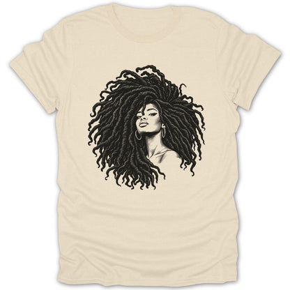 Black and white illustration of a woman with voluminous dreadlocks on a cream t-shirt.