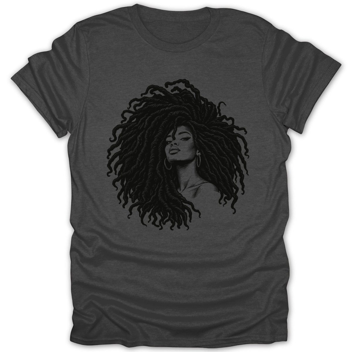 Black and white illustration of a woman with voluminous dreadlocks on a charcoal t-shirt.