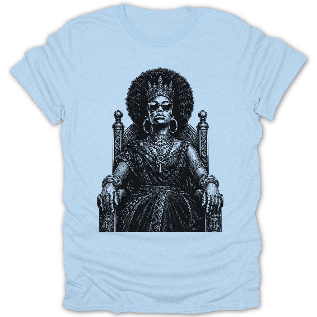 Black and white illustration of a regal Black woman with afro hair, crown, and sunglasses sitting on a throne.