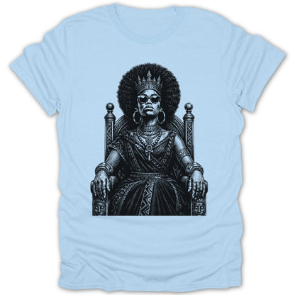 Black and white illustration of a regal Black woman with afro hair, crown, and sunglasses sitting on a throne.