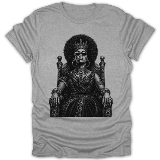 Black and white illustration of a crowned woman with an afro sitting on a throne.