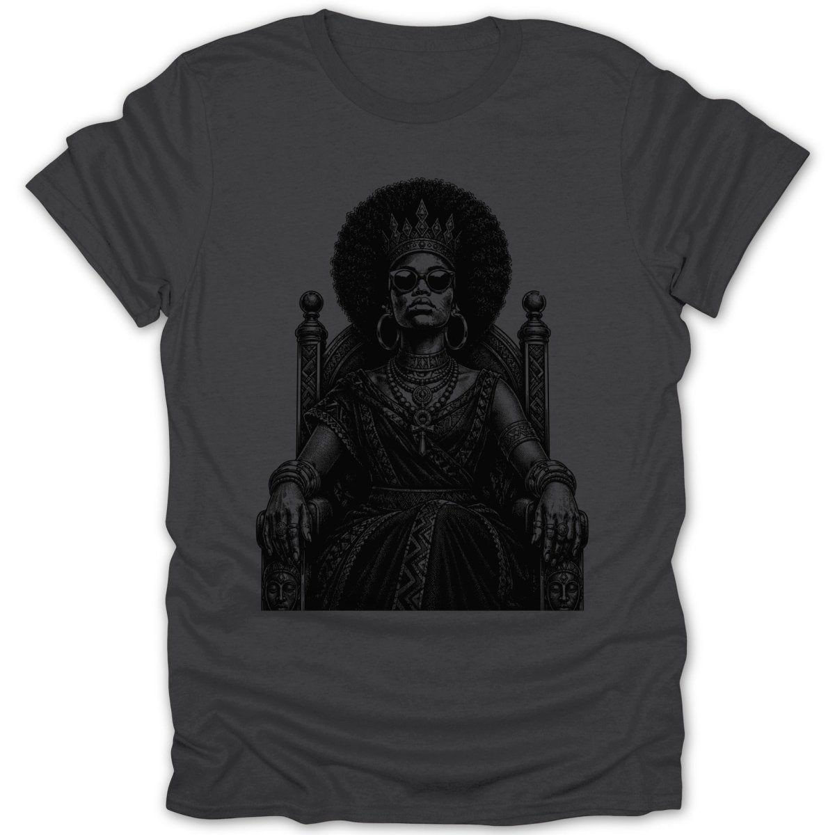 Black and white illustration of a crowned woman with afro, sunglasses, and jewelry on a throne.