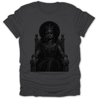 Black and white illustration of a crowned woman with afro, sunglasses, and jewelry on a throne.