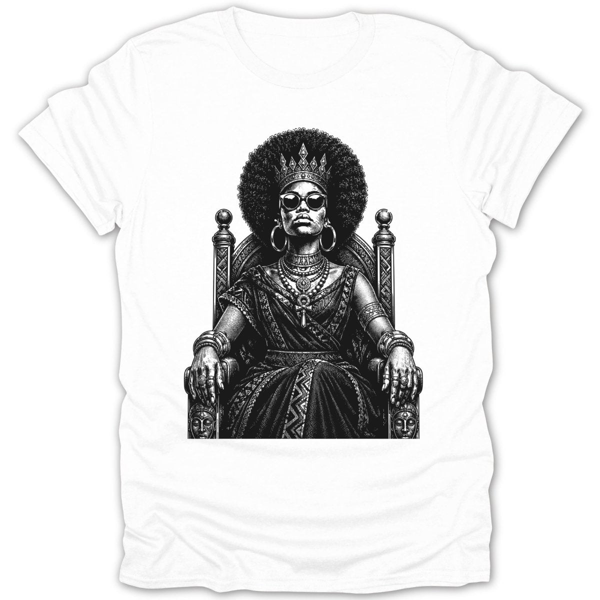 Black and white illustration of a crowned woman with sunglasses sitting on a throne.