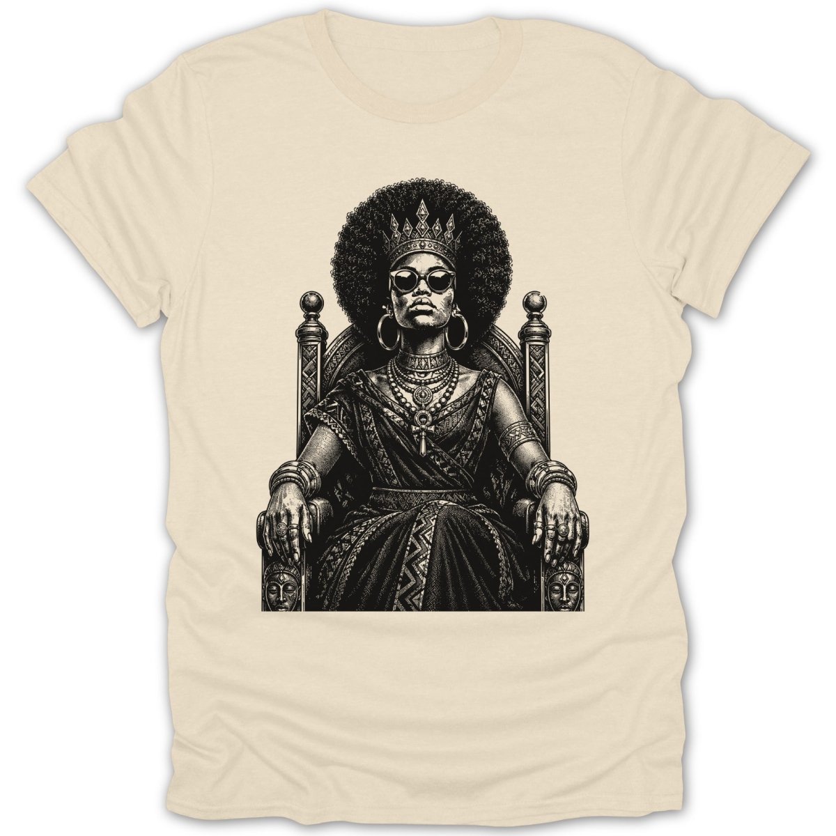 Black and white illustration of a crowned queen in sunglasses sitting on a throne.
