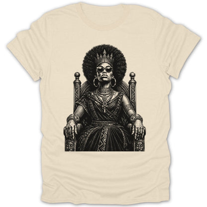 Black and white illustration of a crowned queen in sunglasses sitting on a throne.