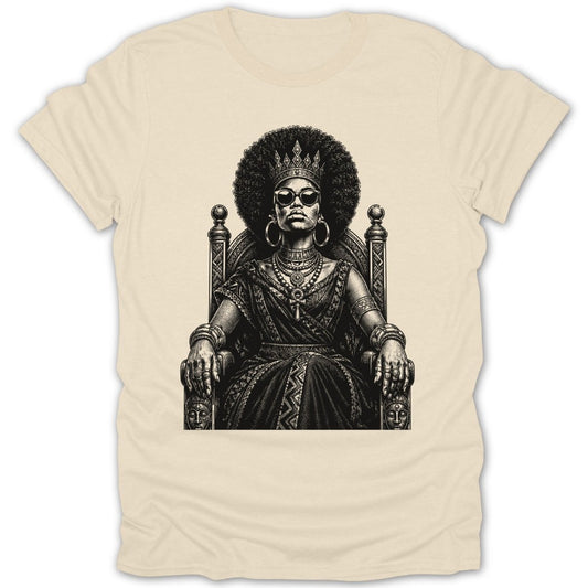 Black and white illustration of a crowned queen in sunglasses sitting on a throne.