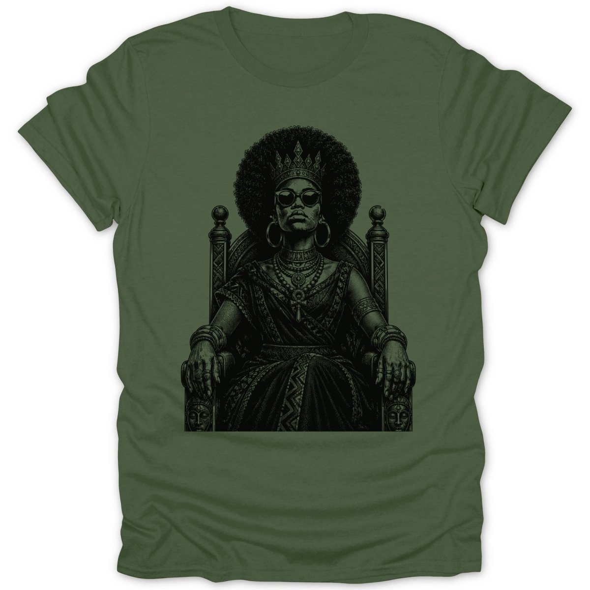 Black and white illustration of a crowned woman with afro and sunglasses sitting on a throne.