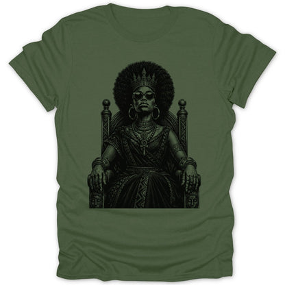 Black and white illustration of a crowned woman with afro and sunglasses sitting on a throne.
