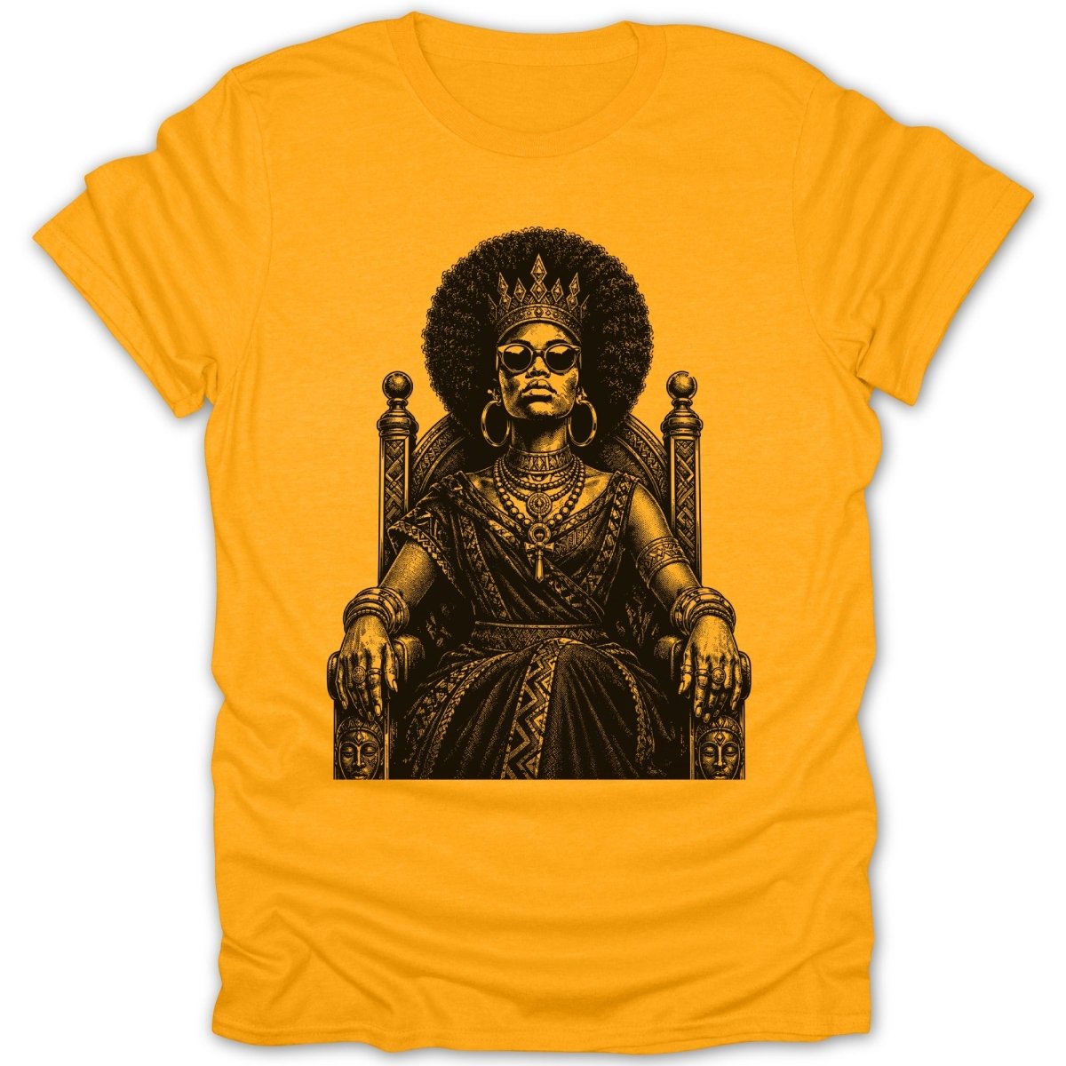 Black and gold ink drawing of a crowned queen with sunglasses on a throne.