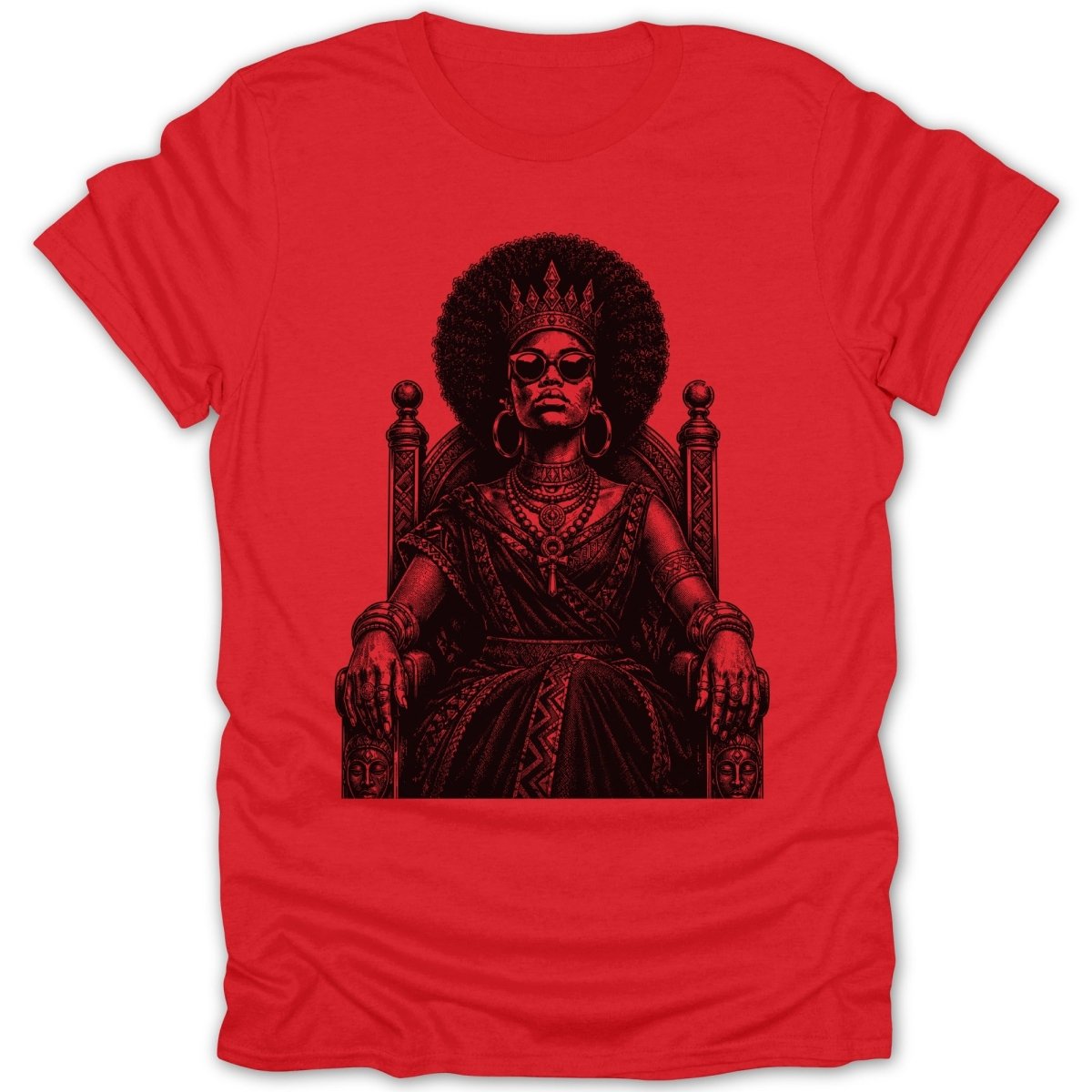 Red t-shirt with black illustration of regal woman with afro, crown, and sunglasses on throne.