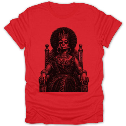 Red t-shirt with black illustration of regal woman with afro, crown, and sunglasses on throne.