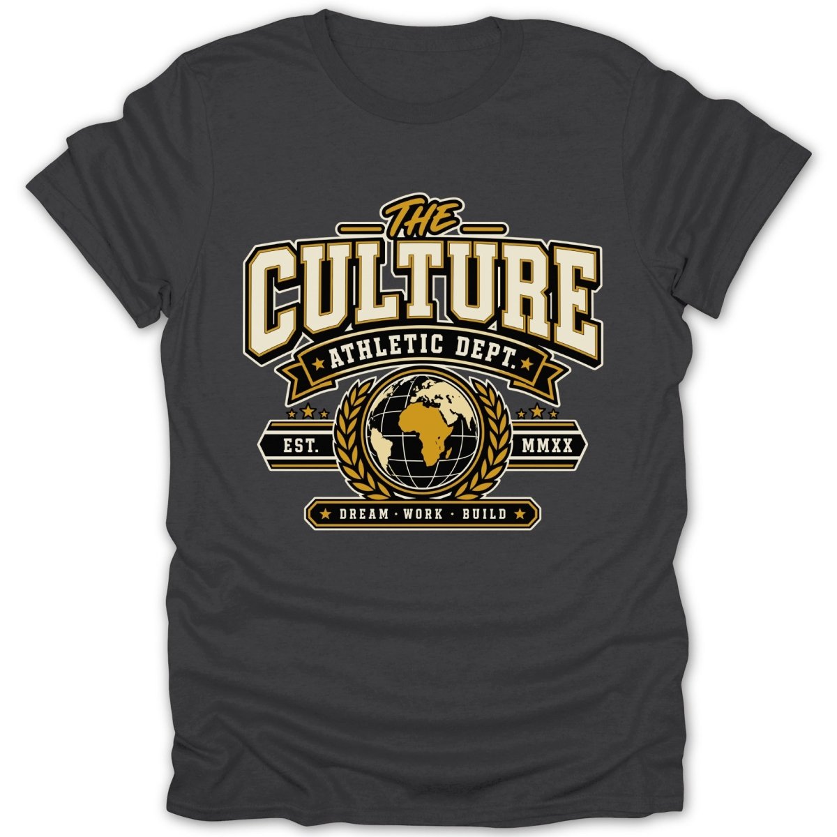 Dark t-shirt with "The Culture Athletic Dept." graphic and globe emblem.