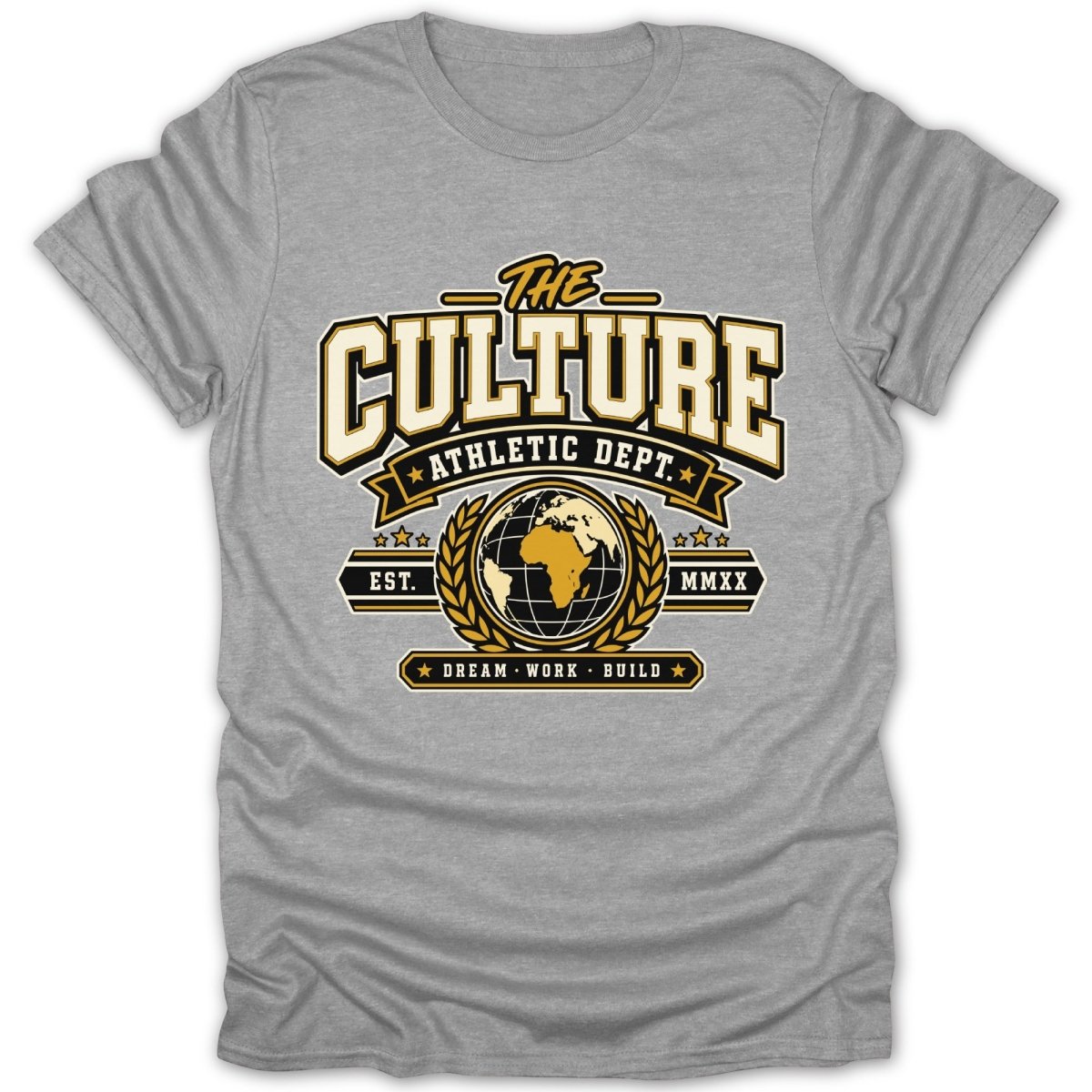 Grey t-shirt with "The Culture Athletic Dept." graphic featuring a globe and laurel wreath.