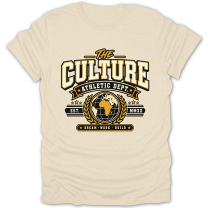 Cream t-shirt with "The Culture Athletic Dept." logo featuring a globe.