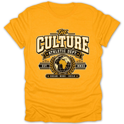 Orange t-shirt with "The Culture Athletic Dept." logo and a globe graphic.