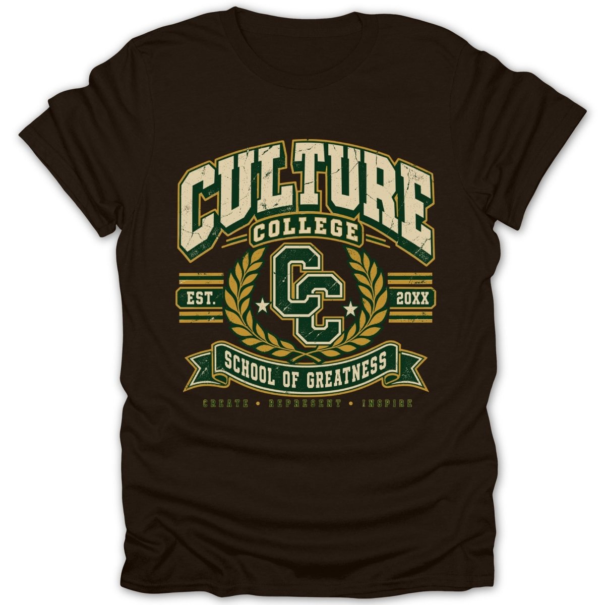 Brown t-shirt with "Culture College School of Greatness" in distressed green and gold lettering.