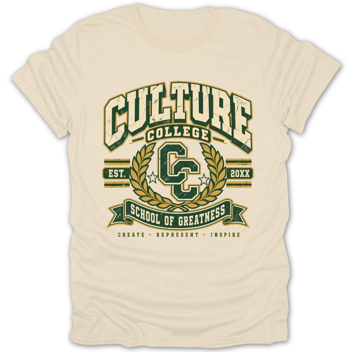 Cream t-shirt with "Culture College School of Greatness" graphic.