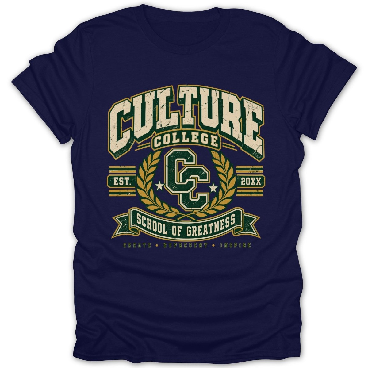 Navy t-shirt with "CULTURE COLLEGE" and "SCHOOL OF GREATNESS" graphic.