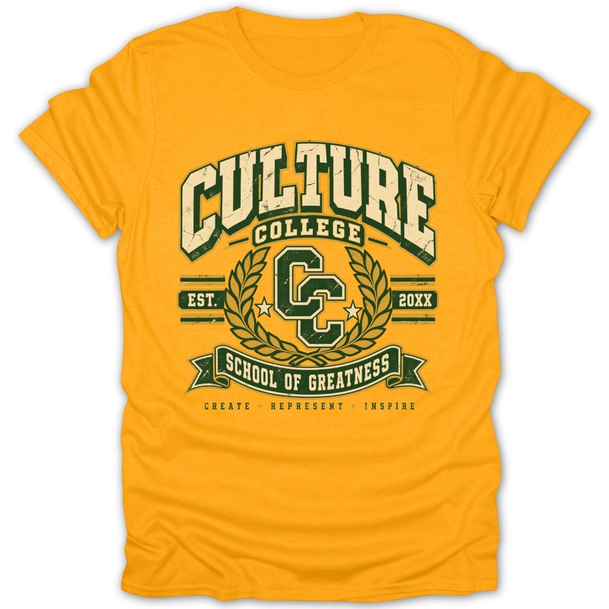 Yellow t-shirt with "Culture College School of Greatness" graphic.