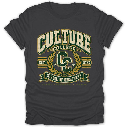 Dark grey t-shirt with "Culture College School of Greatness" graphic and CC logo.
