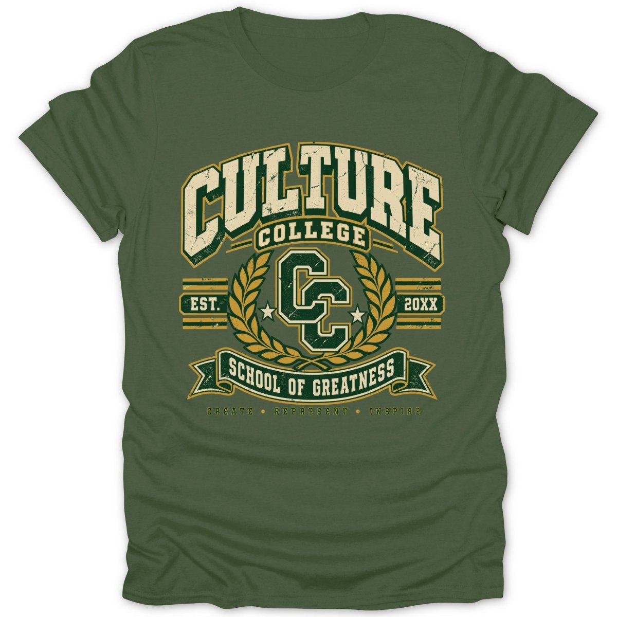 Green t-shirt with distressed "CULTURE COLLEGE" graphic and laurel wreath.