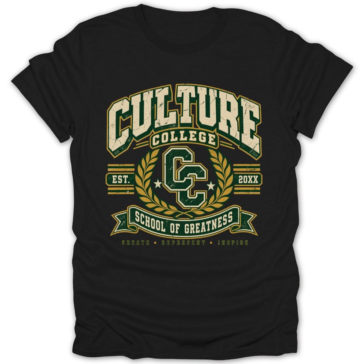 Black t-shirt with distressed green and gold "Culture College School of Greatness" graphic.