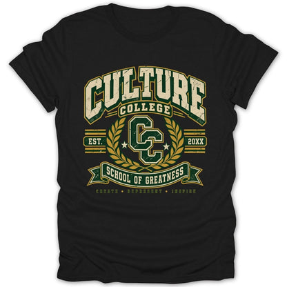 Black t-shirt with distressed green and gold "Culture College School of Greatness" graphic.