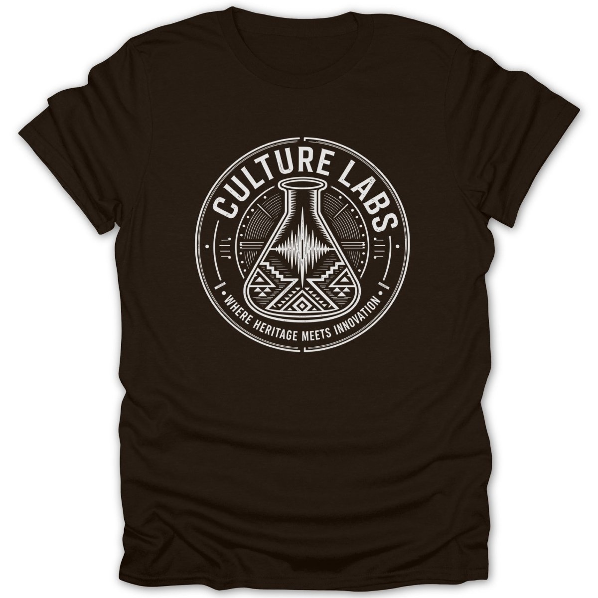 Brown t-shirt with a circular logo featuring a flask and "CULTURE LABS" text.