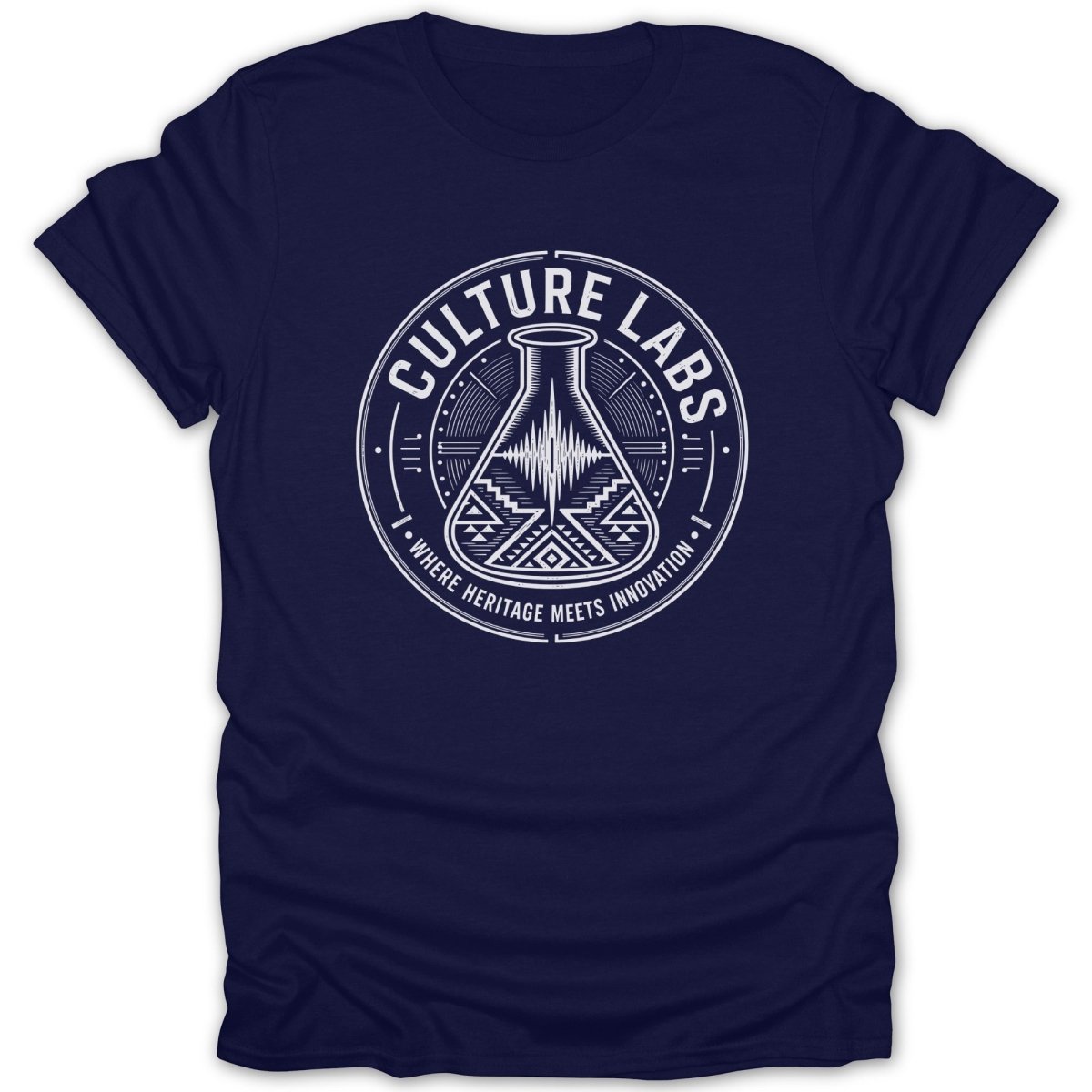 Navy t-shirt with white "Culture Labs Where Heritage Meets Innovation" circular logo.