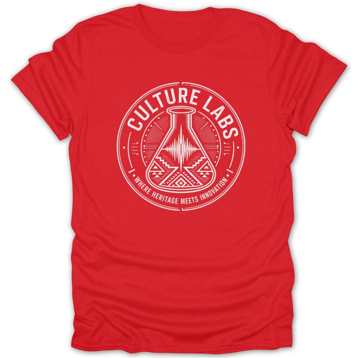 Red t-shirt with white circular logo featuring a flask and text.