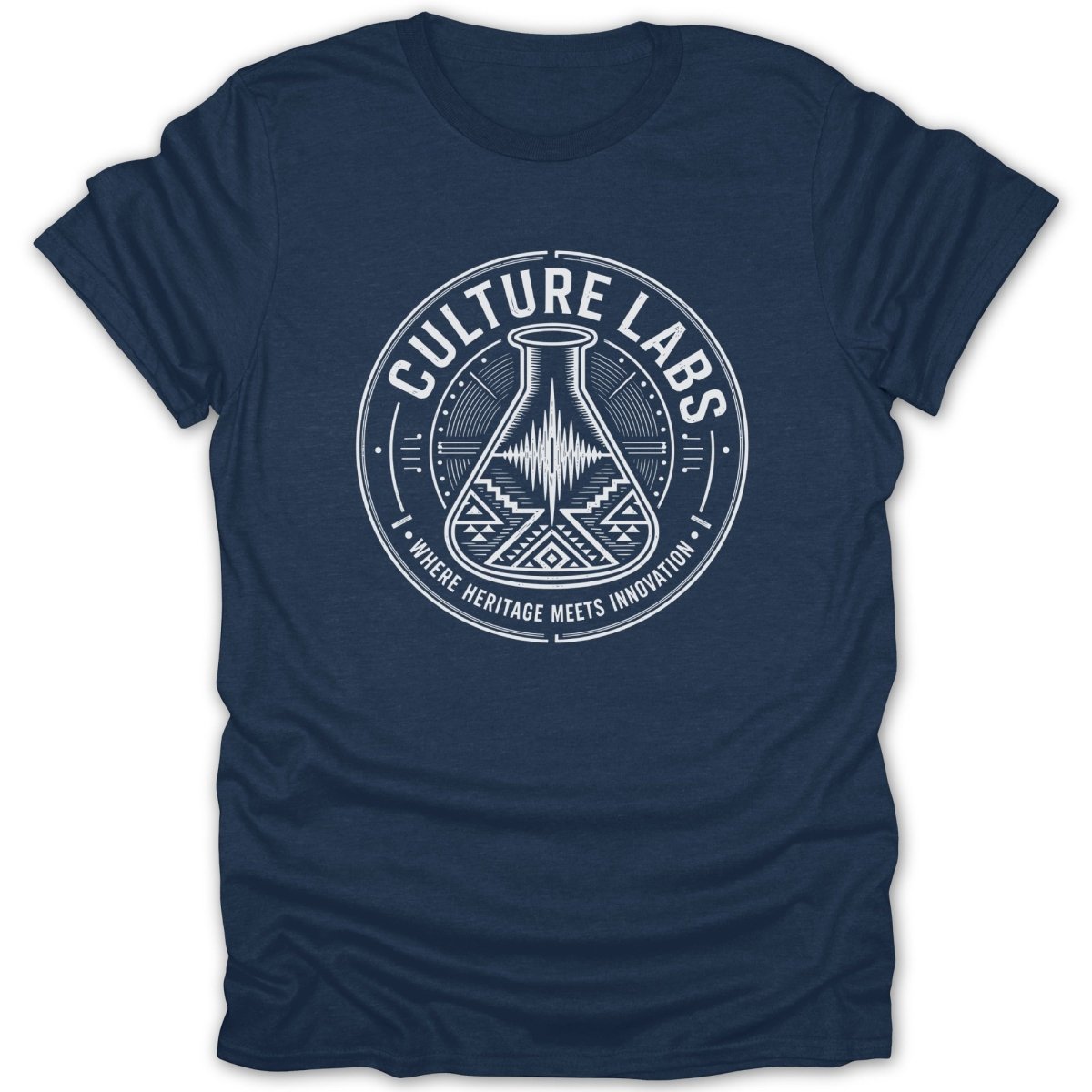 Navy t-shirt with white "Culture Labs Where Heritage Meets Innovation" circular logo.