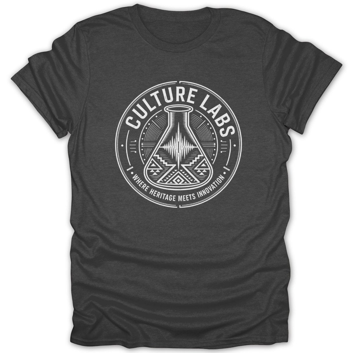 Dark gray t-shirt with a circular logo featuring a flask, "Culture Labs," and "Where Heritage Meets Innovation."