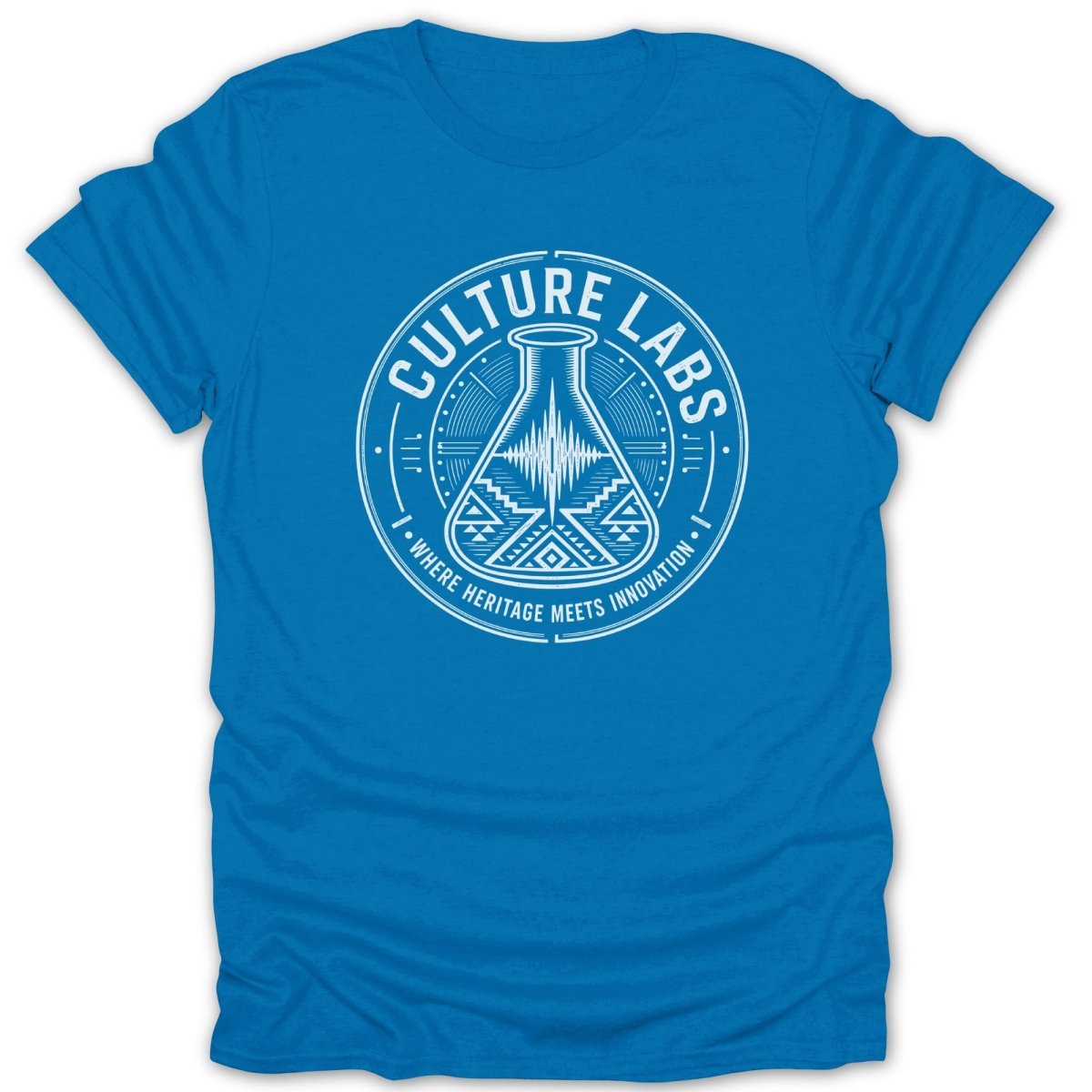 Blue t-shirt with circular logo featuring "Culture Labs" and a flask.
