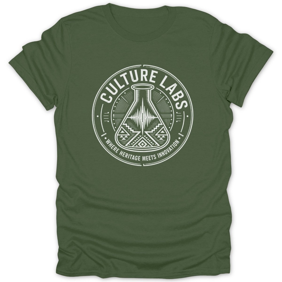 Green t-shirt with white circular logo featuring a flask and text.