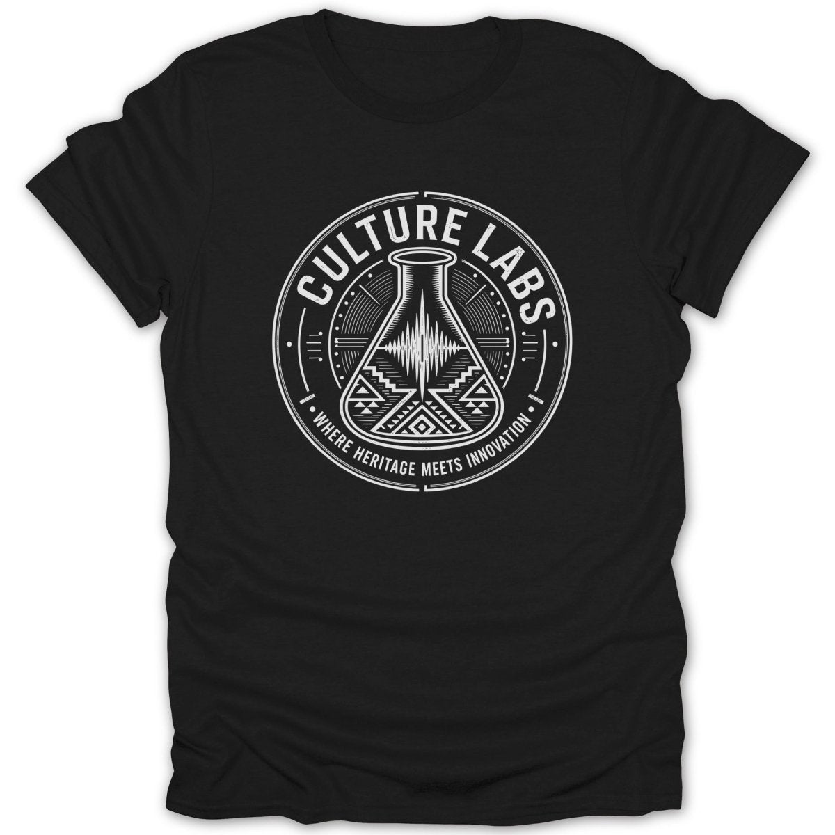 Black t-shirt with circular white logo featuring a flask and "Culture Labs" text.