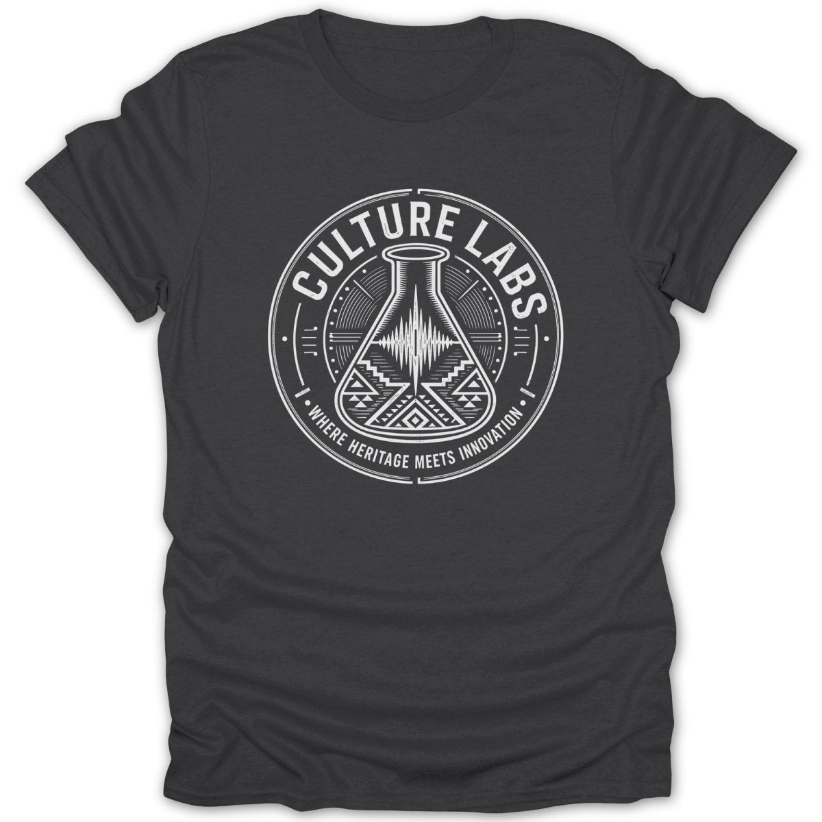 Dark grey t-shirt with a circular logo featuring a flask and the text "CULTURE LABS WHERE HERITAGE MEETS INNOVATION".