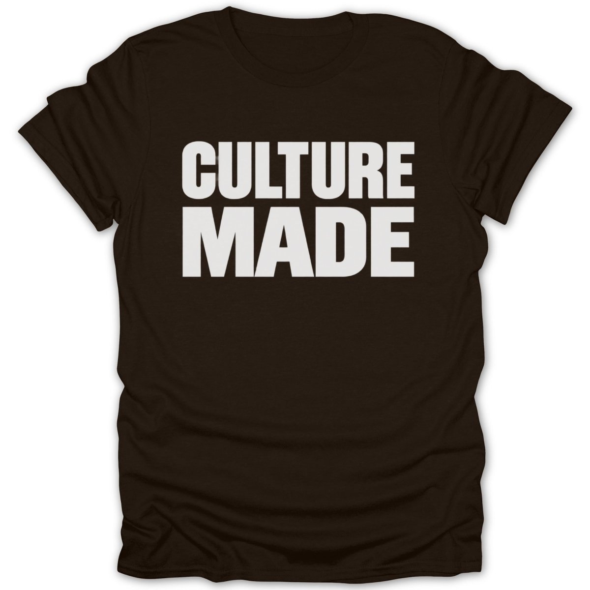 Brown t-shirt with white text reading "CULTURE MADE".