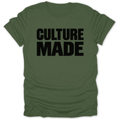 Olive green t-shirt with black text "CULTURE MADE" on the front.