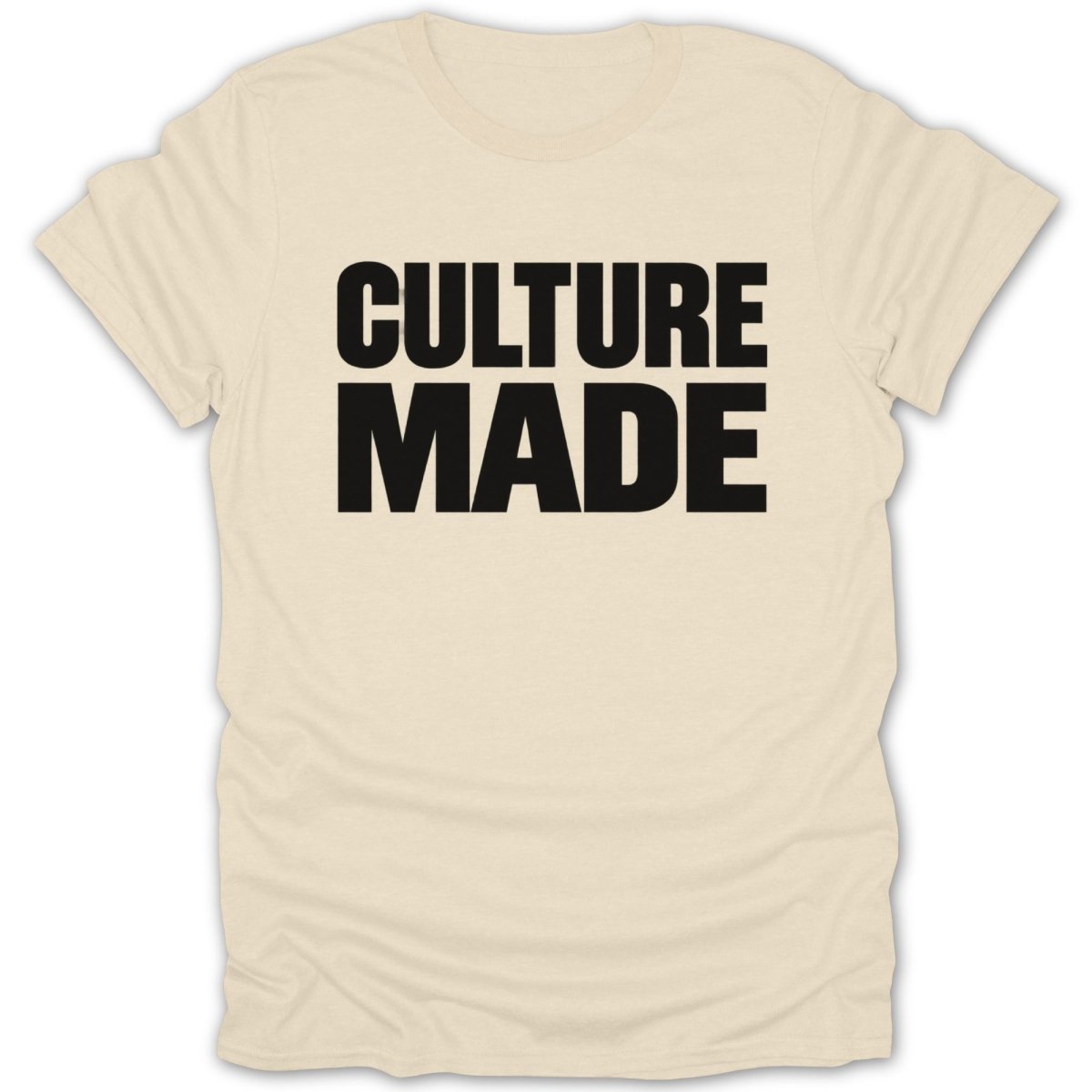 Cream t-shirt with black text that reads "CULTURE MADE".