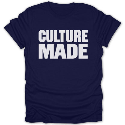 Navy t-shirt with white "CULTURE MADE" text.