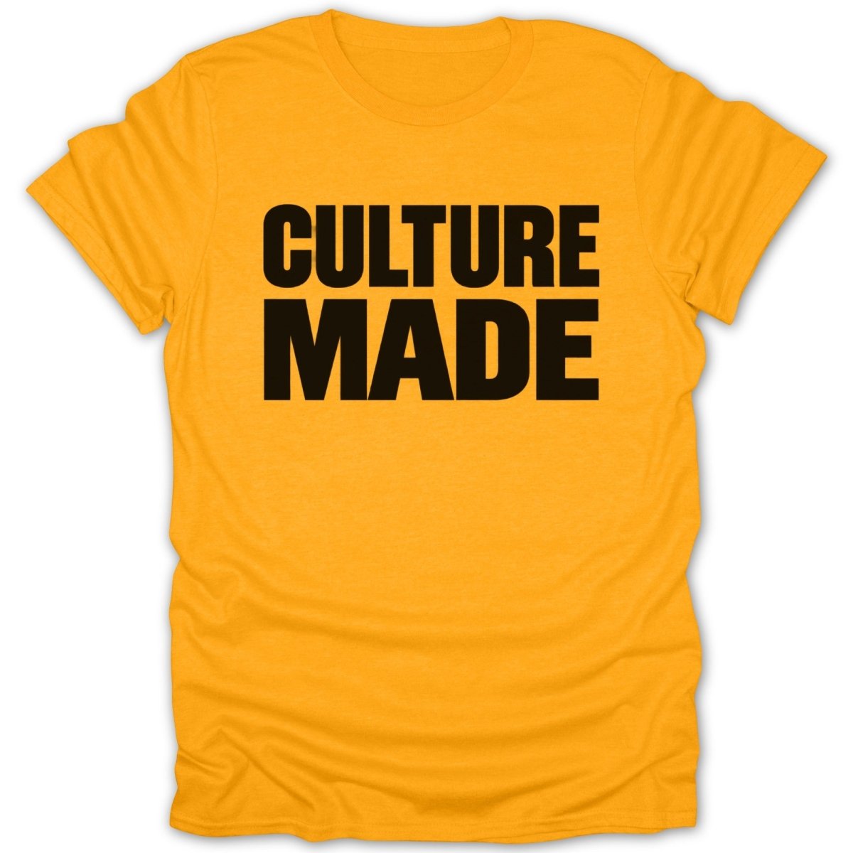 Orange t-shirt with black text "CULTURE MADE"