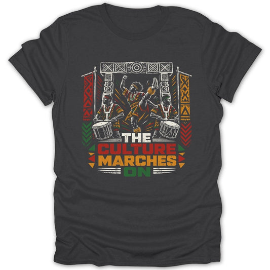 "The Culture Marches On" text with dancers and drummers in traditional African attire.