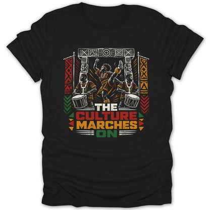 Black t-shirt graphic depicting dancers and drummers with text "THE CULTURE MARCHES ON".