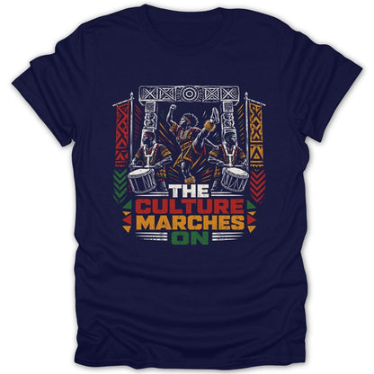 Men dancing and drumming with text "The Culture Marches On."
