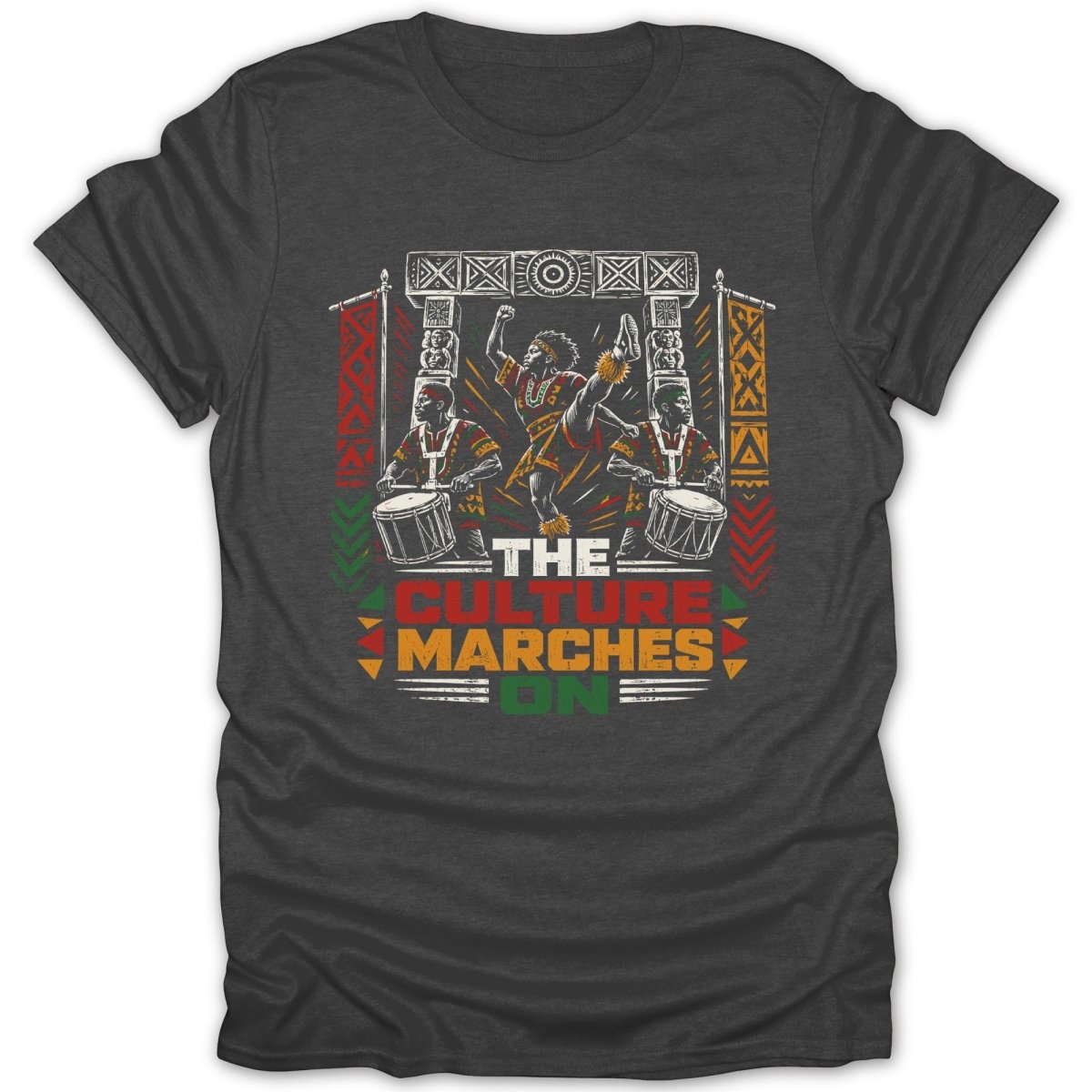 "The Culture Marches On" text with drummers and dancer in traditional African attire.