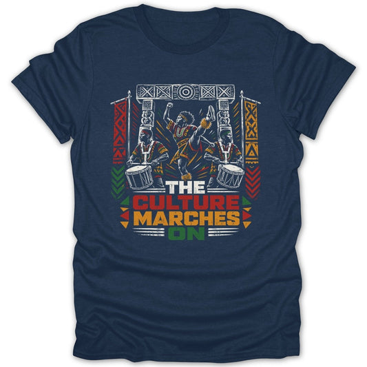 "The culture marches on" text over an illustration of people drumming and dancing.